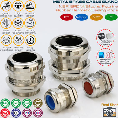 Waterproof Metallic Cable Glands, Brass Nickel-Plated, Metric Thread, M6x1.0~M150x2, IP68/IP69K, BCG Series