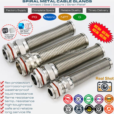 Flexible Cable Gland Metric Nickel-Plated Brass Waterproof IP68 with Spiral Anti-Bending Protector