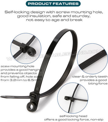 Nylon (PA)66 Cable Tie with Round Mounting Hole 300mm x 4.8, Screw Mount Plastic Cable Tie (50lbs) Mountable Head Zip Tie for Hanging Objects
