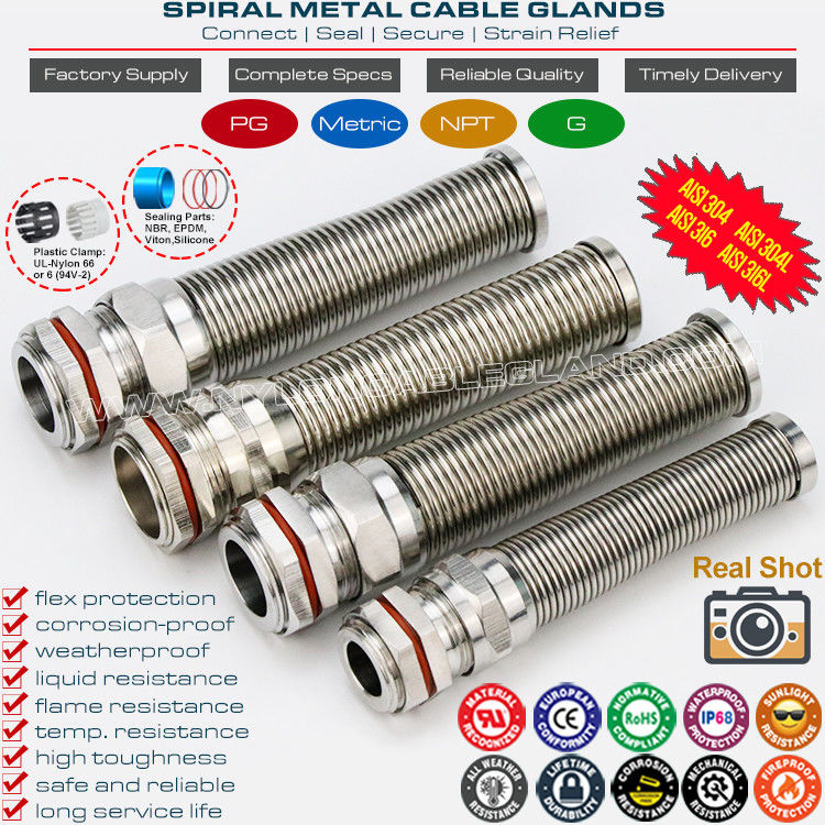 Flexible Cable Gland Metric Nickel-Plated Brass Waterproof IP68 with Spiral Anti-Bending Protector