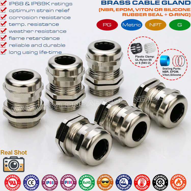 Nickel-Plated Brass M20 Metric Cable Gland, IP68 Adjustable Waterproof Cable Connector for 6-12mm Cable