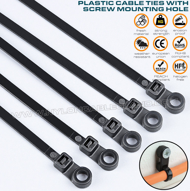 Nylon (PA)66 Cable Tie with Round Mounting Hole 300mm x 4.8, Screw Mount Plastic Cable Tie (50lbs) Mountable Head Zip Tie for Hanging Objects