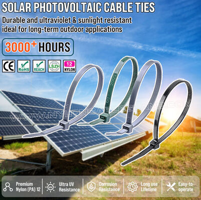नायलॉन (PA) 12 UV-रेज़िस्टेंट ज़िप टाई केबल टाई 300mm x 4.8 (Ø 3-80 mm), नमक और केमिकल से बेहतरीन बचाव, सोलर फोटोवोल्टिक इंडस्ट्री के लिए।